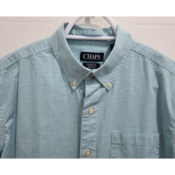 CHAPS Blue Plaid Stretch Poplin Short Sleeve Button Down Shirt Size Medium - Picture 2 of 11